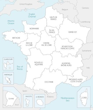 Fransa 'nın bölge ve bölgeleri, idari bölümleri ve komşu ülkeleri olan vektör haritası. Düzenlenebilir ve etiketlenebilir katmanlar.