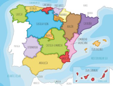 Vector illustrated map of Spain with regions and territories and administrative divisions, and neighbouring countries. Editable and clearly labeled layers. clipart