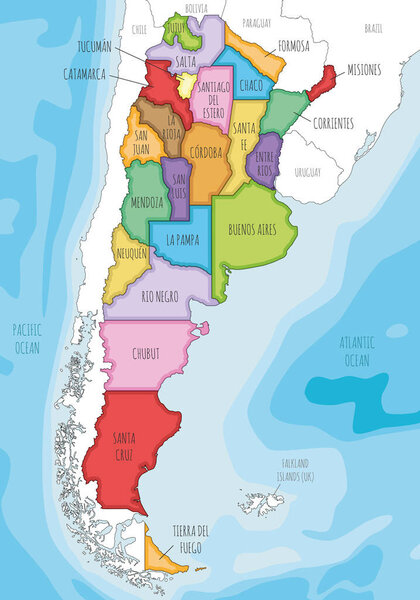 Векторная иллюстрированная карта Аргентины с провинциями или федеративными штатами и административными единицами, а также соседними странами и территориями. Редактируемые и четко помеченные слои.