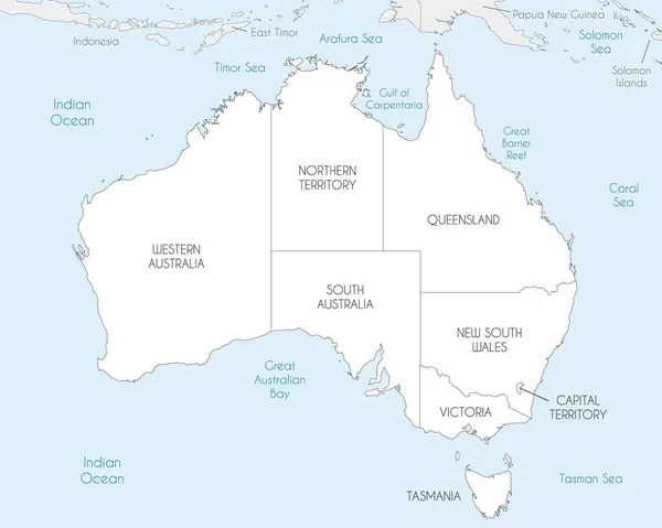 Mapa Vetorial Austrália Com Regiões Divisões Administrativas Países Territórios Vizinhos — Vetor de Stock
