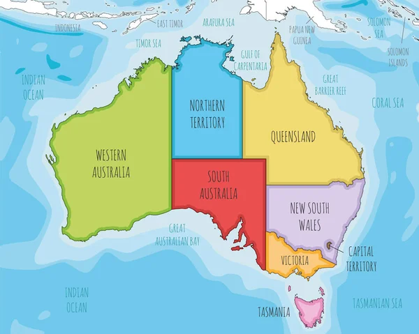 ベクトルは 地域や行政部門 近隣諸国や地域とオーストラリアの地図を描いた 編集可能かつ明確にラベル付けされたレイヤー — ストックベクタ