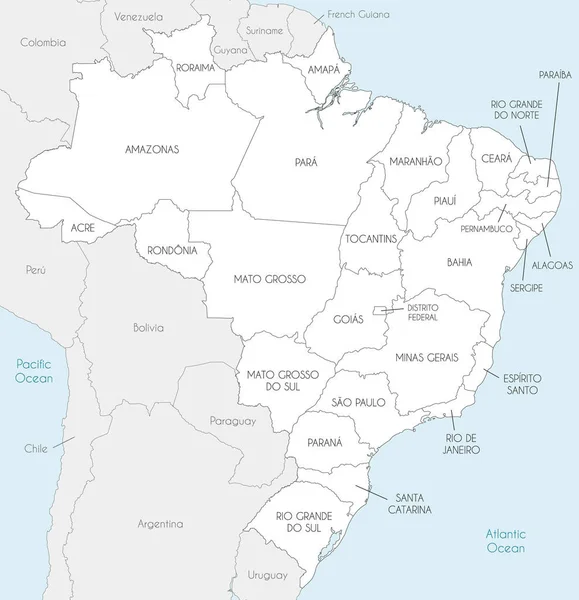 Mapa Vetorial Brasil Com Estados Divisões Administrativas Países Territórios Vizinhos —  Vetores de Stock