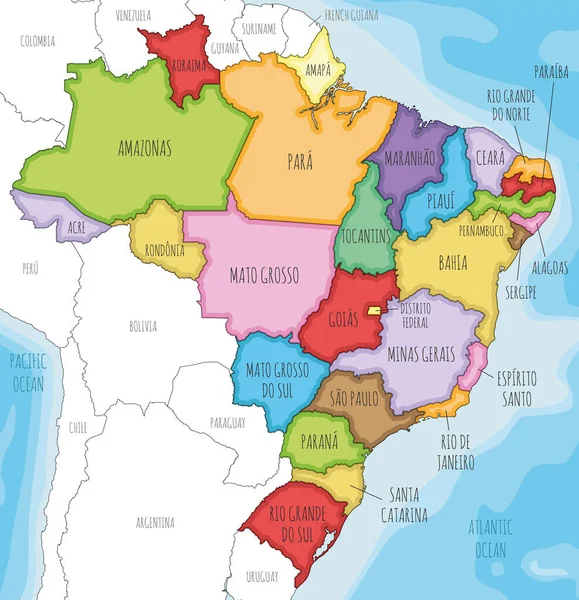 Wektor Zilustrował Mapę Brazylii Państwami Podziałami Administracyjnymi Oraz Sąsiednimi Krajami — Wektor stockowy