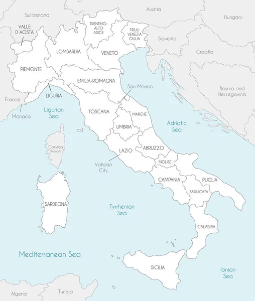 地域や行政部門 近隣諸国や地域とイタリアのベクトルマップ 編集可能かつ明確にラベル付けされたレイヤー — ストックベクタ