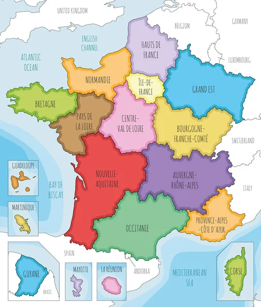 Вектор Ілюстрував Карту Франції Регіонами Територіями Адміністративними Одиницями Також Сусідні — стоковий вектор