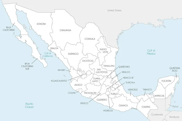 Vektorová Mapa Mexika Regiony Nebo Státy Administrativními Divizemi Sousedními Zeměmi — Stockový vektor