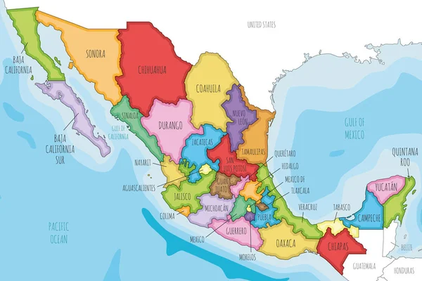Vektorová Ilustrovaná Mapa Mexika Regiony Nebo Státy Administrativními Divizemi Sousedními — Stockový vektor