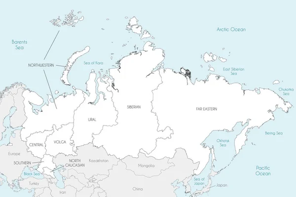 Oroszország Vektortérképe Régiókkal Vagy Szövetségi Körzetekkel Közigazgatási Egységekkel Valamint Szomszédos — Stock Vector