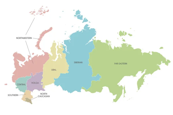 Mapa Wektorowa Rosji Regionami Lub Okręgami Federalnymi Podziałami Administracyjnymi Warstwy — Wektor stockowy