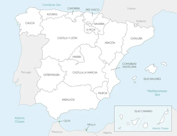 Векторная Карта Испании Регионами Территориями Административными Единицами Соседними Странами Редактируемые — стоковый вектор