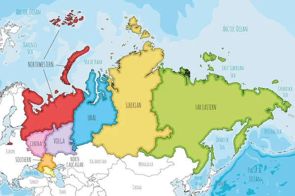 Vector Illustrierte Karte Von Russland Mit Regionen Oder Föderalen Bezirken — Stockvektor