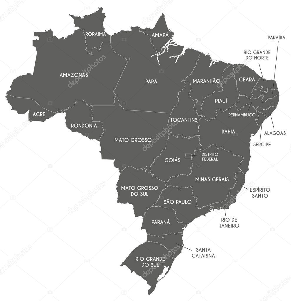 Vector map of Brazil with regions or states and administrative divisions. Editable and clearly labeled layers.