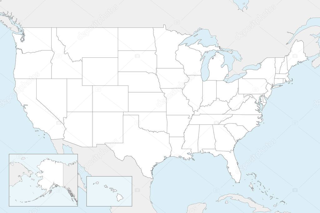 Vector blank map of USA with states and administrative divisions, and neighbouring countries. Editable and clearly labeled layers.
