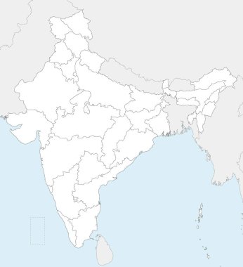 Vector blank map of India with states and territories and administrative divisions, and neighbouring countries. Editable and clearly labeled layers. clipart