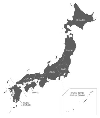 Bölgeleri ve idari bölümleri olan Japonya 'nın vektör haritası. Düzenlenebilir ve etiketlenebilir katmanlar.