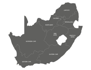 Taşralı ve idari bölümlü Güney Afrika 'nın vektör haritası. Düzenlenebilir ve etiketlenebilir katmanlar.
