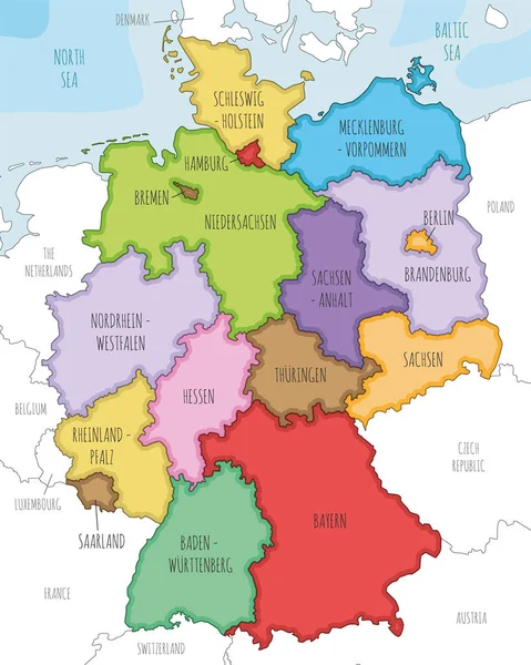 Vector Illustrated Map Germany Federated States Regions Administrative Divisions Neighbouring – stockvektor