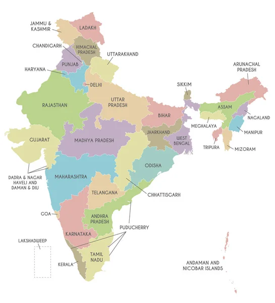 Vector Map India States Territories Administrative Divisions Editable Clearly Labeled — Stockvector