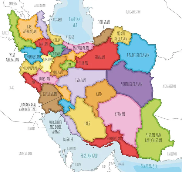 Vektorová Ilustrovaná Mapa Íránu Provinciemi Správními Divizemi Sousedními Zeměmi Upravitelné — Stockový vektor