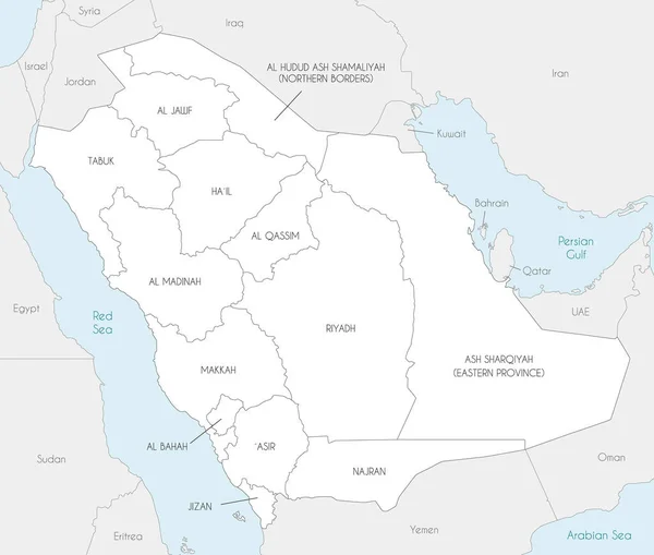 サウジアラビアの地方や行政区画 近隣諸国とのベクトルマップ 編集可能かつ明確にラベル付けされたレイヤー — ストックベクタ