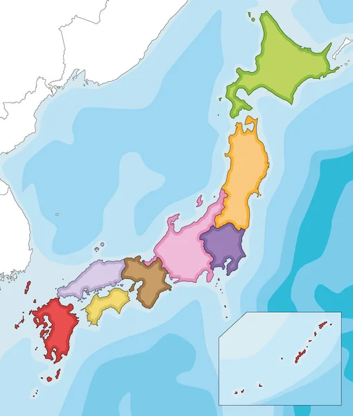 Вектор Иллюстрировал Пустую Карту Японии Регионами Административными Единицами Соседними Странами — стоковый вектор
