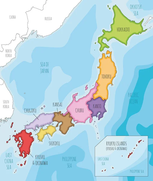 Vector Illustrierte Landkarte Von Japan Mit Regionen Und Verwaltungseinheiten Und — Stockvektor