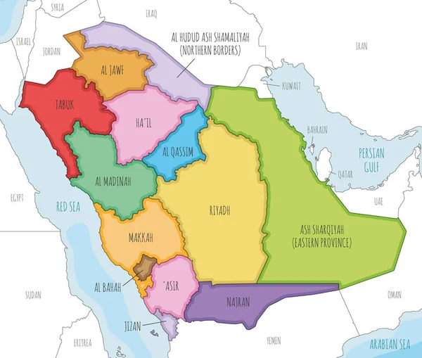 ベクトルはサウジアラビアの地図を地方や行政区画 近隣諸国とともに描いた 編集可能かつ明確にラベル付けされたレイヤー — ストックベクタ