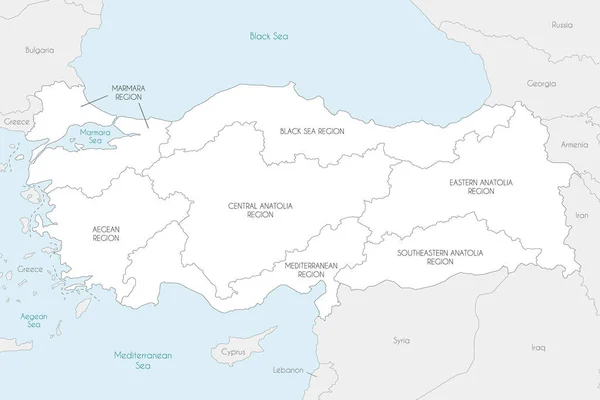 Векторная Карта Турции Регионами Географическими Разделами Соседними Странами Редактируемые Четко — стоковый вектор