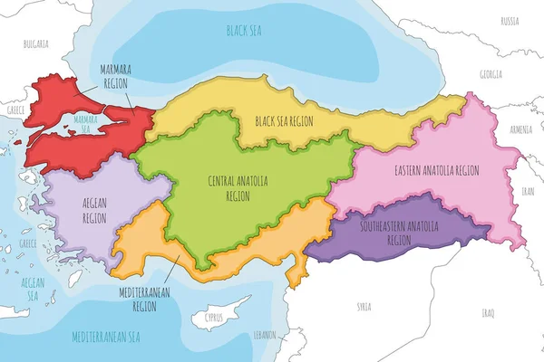 Вектор Ілюстрував Карту Туреччини Регіонами Географічними Поділами Також Сусідні Країни — стоковий вектор