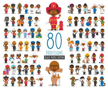 Kids Vector Characters Collection: Set of 80 different professions in cartoon style. Black or African American characters. clipart