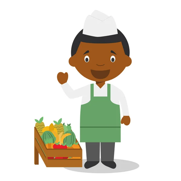 美国黑人或非洲裔男性水果销售商的卡通画 — 图库矢量图片