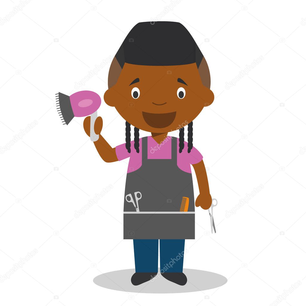 Cute cartoon vector illustration of a black or african american hairdresser.