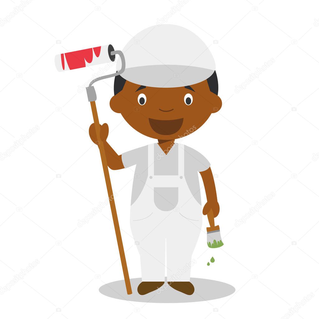 Cute cartoon vector illustration of a black or african american male painter.