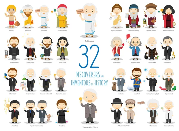 Kids Vector Characters Collection Set Great Discoverers Inventors History Cartoon — Stock Vector