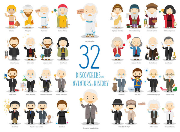 Kids Vector Characters Collection: Set of 32 great Discoverers and Inventors of History in cartoon style.