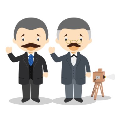 Auguste & Louise Lumiere çizgi film karakteri. Vektör İllüstrasyonu. Çocuk Geçmişi Koleksiyonu.