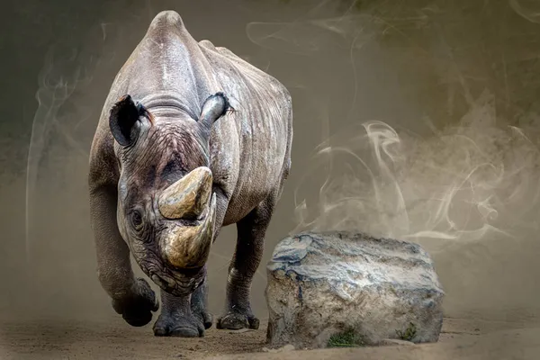 Великий Носоріг Йде Біля Скелі — стокове фото