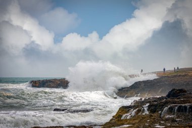 Bir grup insan kayalık bir kıyıya karşı okyanus dalgalarını izliyor.