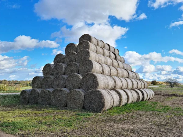 冬の動物飼料用の乾燥干し草の多くの丸いロールで作られた大きなピラミッド — ストック写真