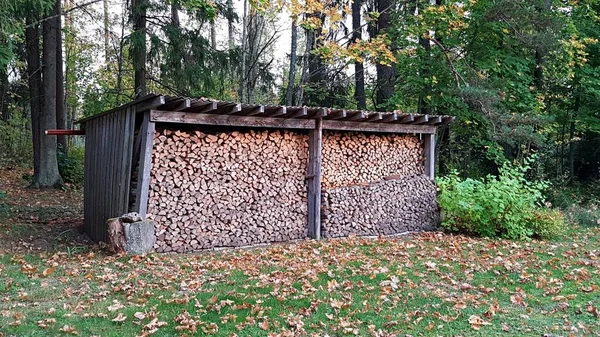Wiele Siekanych Kłód Drewna Opałowego Układa Się Pod Baldachimem Podwórku — Zdjęcie stockowe