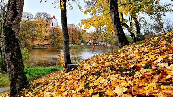 An old Lutheran church in the Latvian village of Aizpute among trees with yellowed leaves in October 2021 — Stock Photo, Image