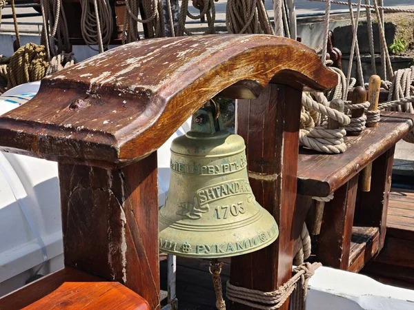 Bell Deck Russian Sailing Vessel Shtandart Moored Latvian Port Riga — Stock Fotó