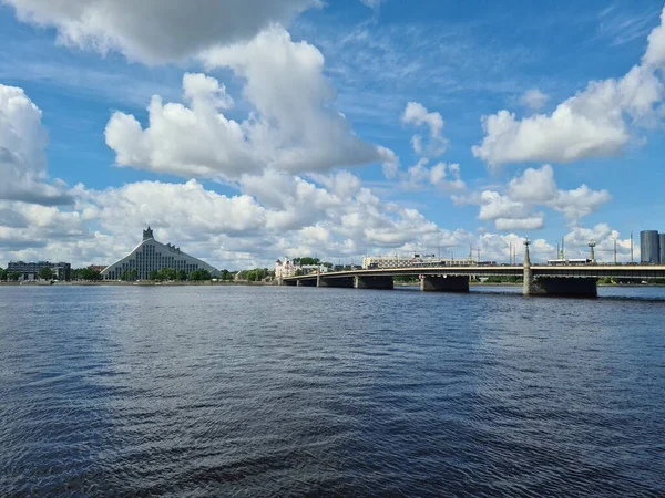 Beautiful Panorama Side River Latvian Capital Riga Summer Day 2021 — Stock Photo, Image