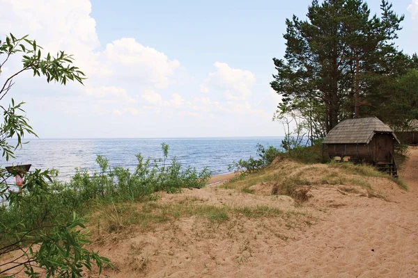 Small Huts Relaxation Sandy Shore Gulf Riga Latvia June 2019 — Stock fotografie