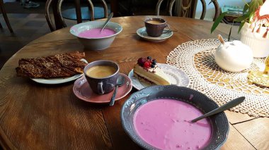 Delicious cold beetroot soup, healthy for people, is prepared for lunch.