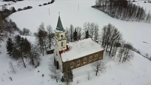 Lutheran Church Fluffy White Snow Latvian Village Remte December 2021 — Fotografia de Stock