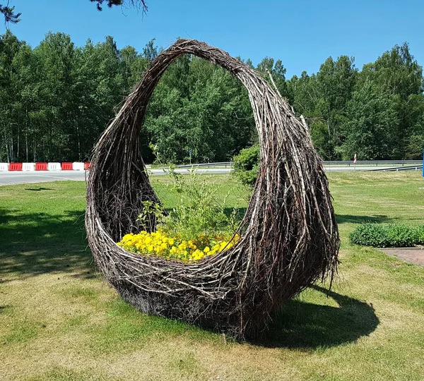 Grote Rieten Manden Van Borstelhout Met Mooie Gele Bloemen Langs — Stockfoto