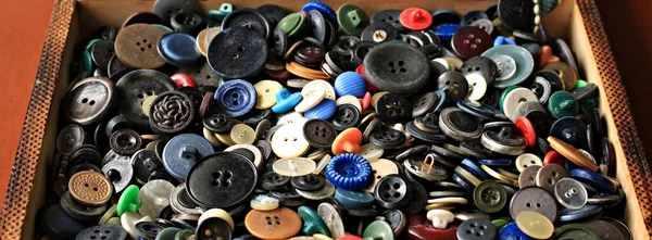Many Buttons Different Colors Sizes Collected Wooden Box Stock Image