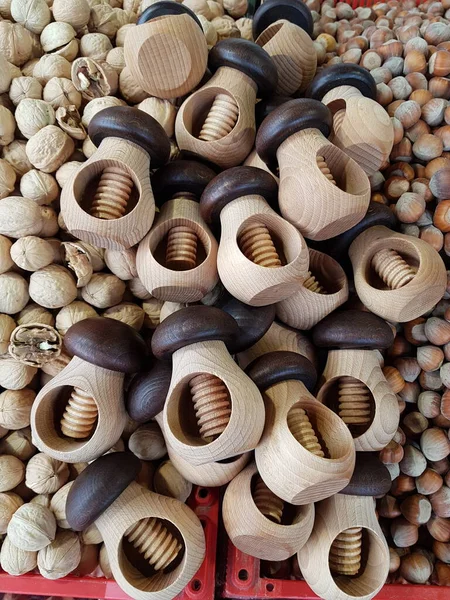 Hazelnuts Walnuts Poured Crates Wooden Shell Cracker — Stock Photo, Image