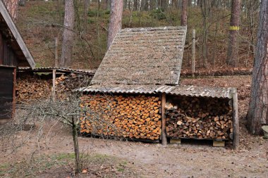 Kış için hazırlanmış odun kütükleri bir gölgeliğin altına istiflenmiş..